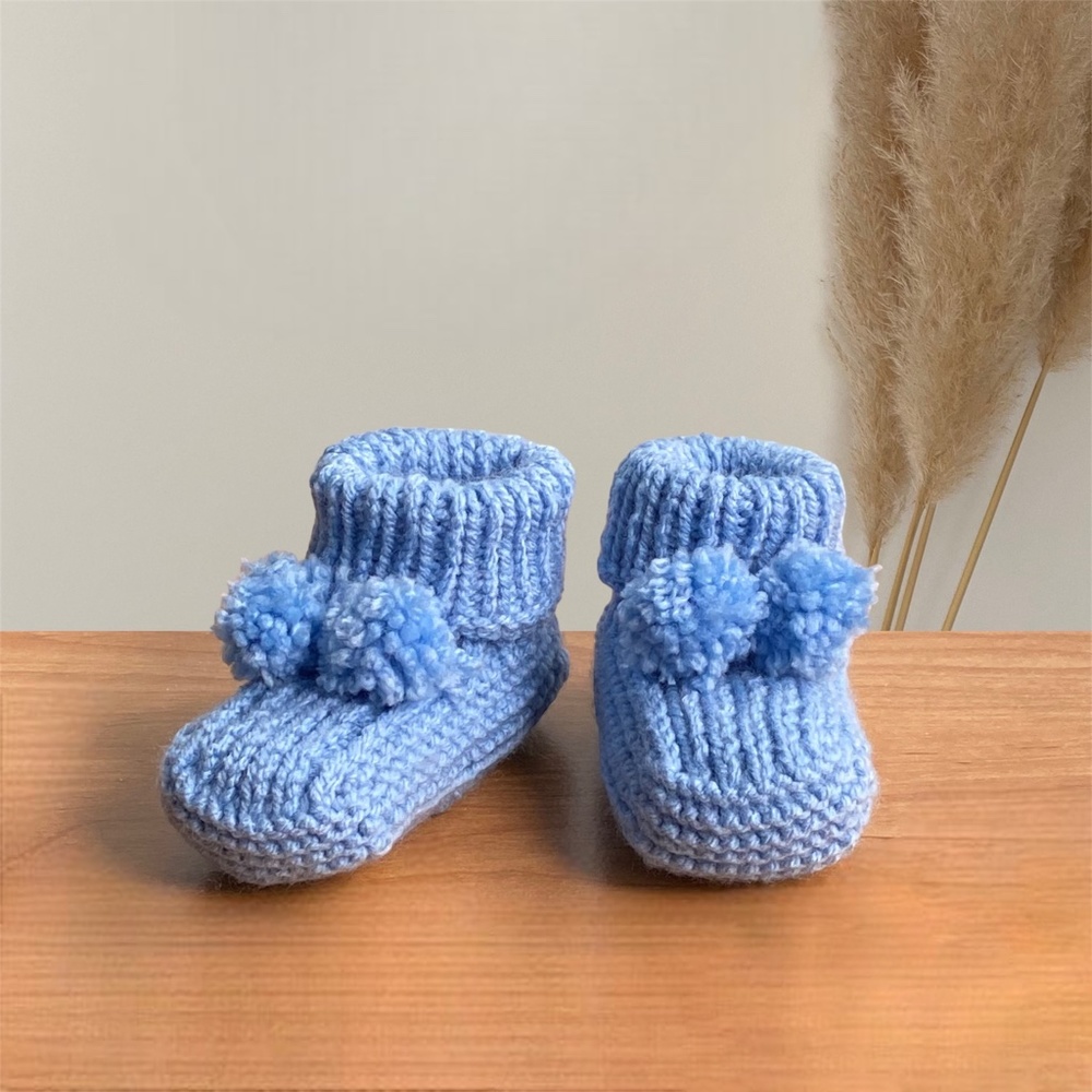 NEW Hand Knit Blue Baby Socks with Bow and Pompoms, Baby Shower Gift for Boy